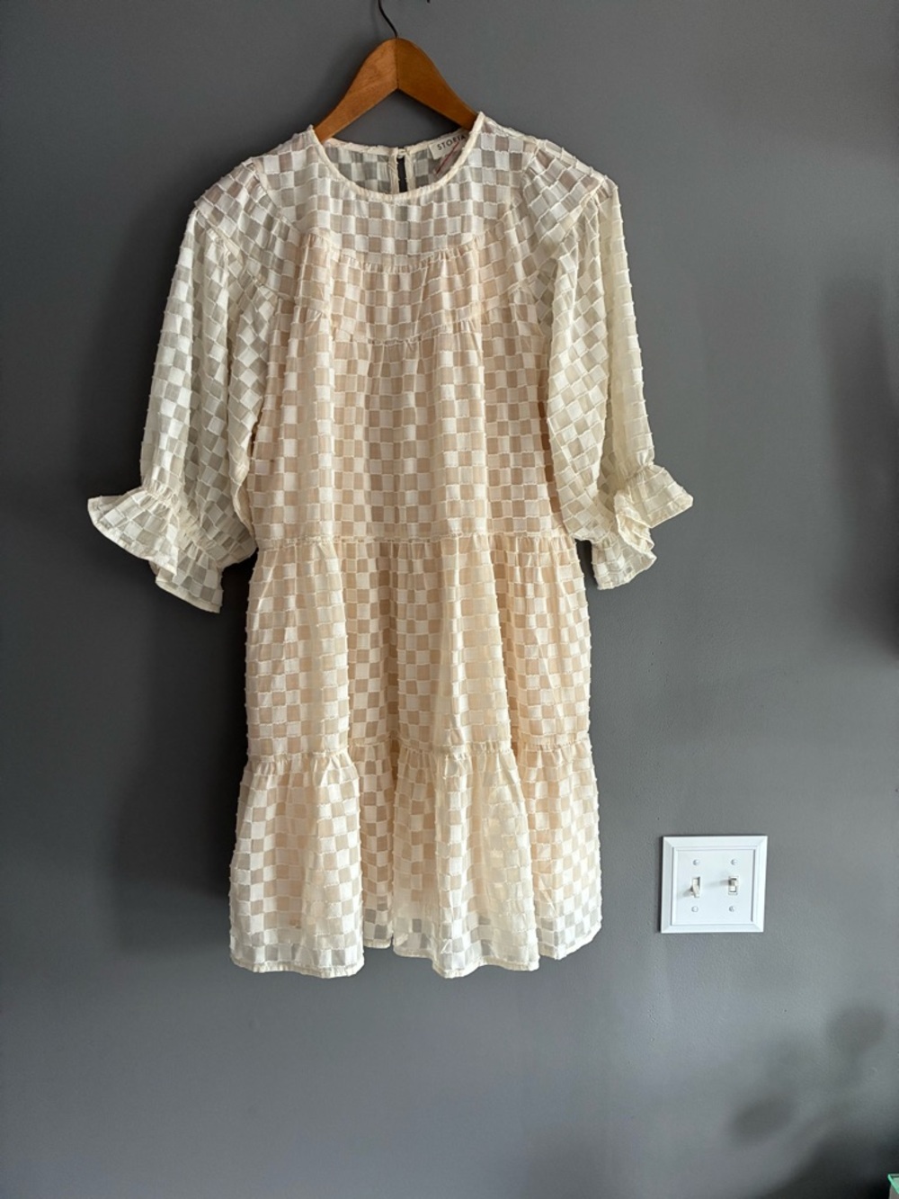 Cream Checkered Tiered Short Dress NWT By Storia